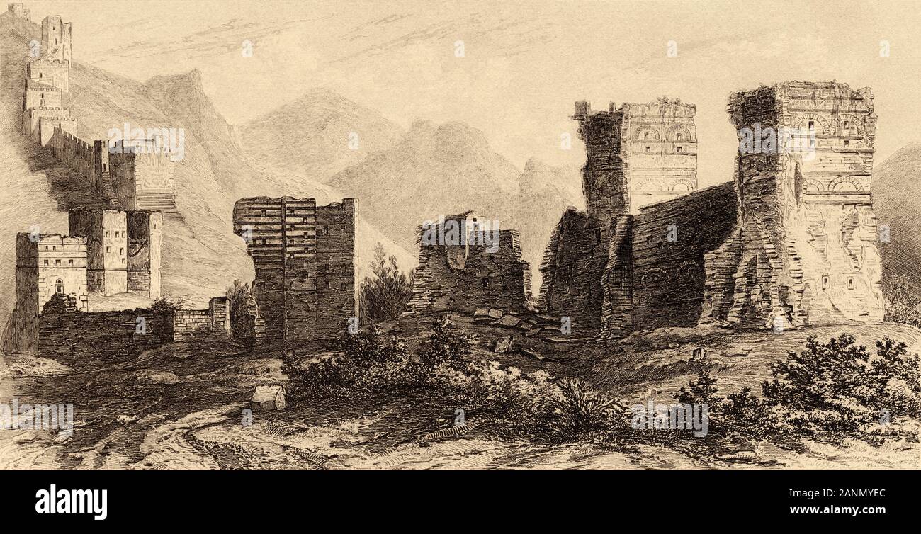 Ruines des murs et tours de République Antioche, en Turquie. Gravure ancienne par Lemaitre publiée dans L'univers de la Syrie, en 1841. Histoire de l'ancienne Syrie Banque D'Images