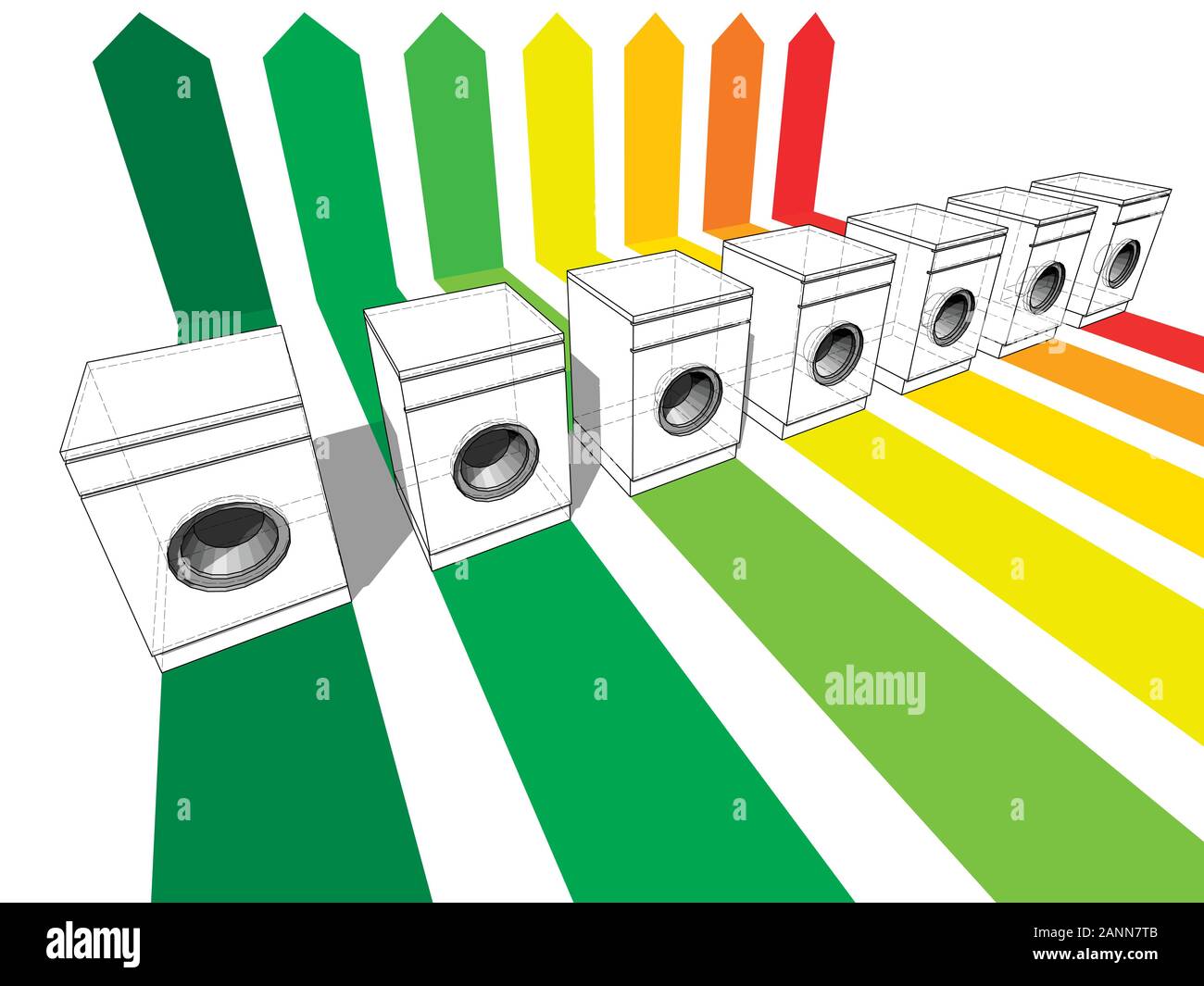 Sept machines à laver certifié en sept classes énergétiques dans l'évaluation énergétique schéma électrique Illustration de Vecteur