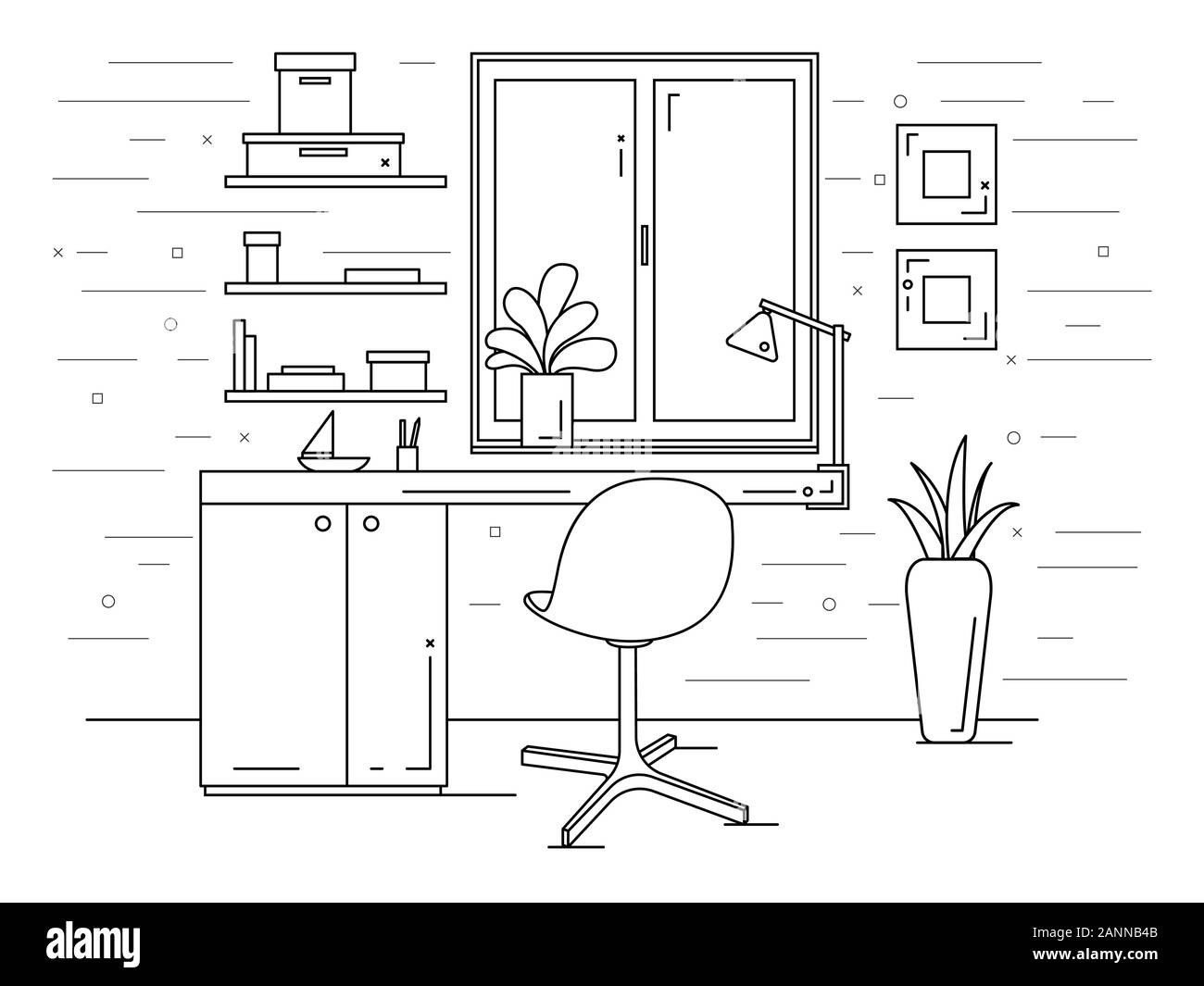 Bureau dans un style linéaire. Lieu de travail avec un ordinateur. Vector Illustration de Vecteur