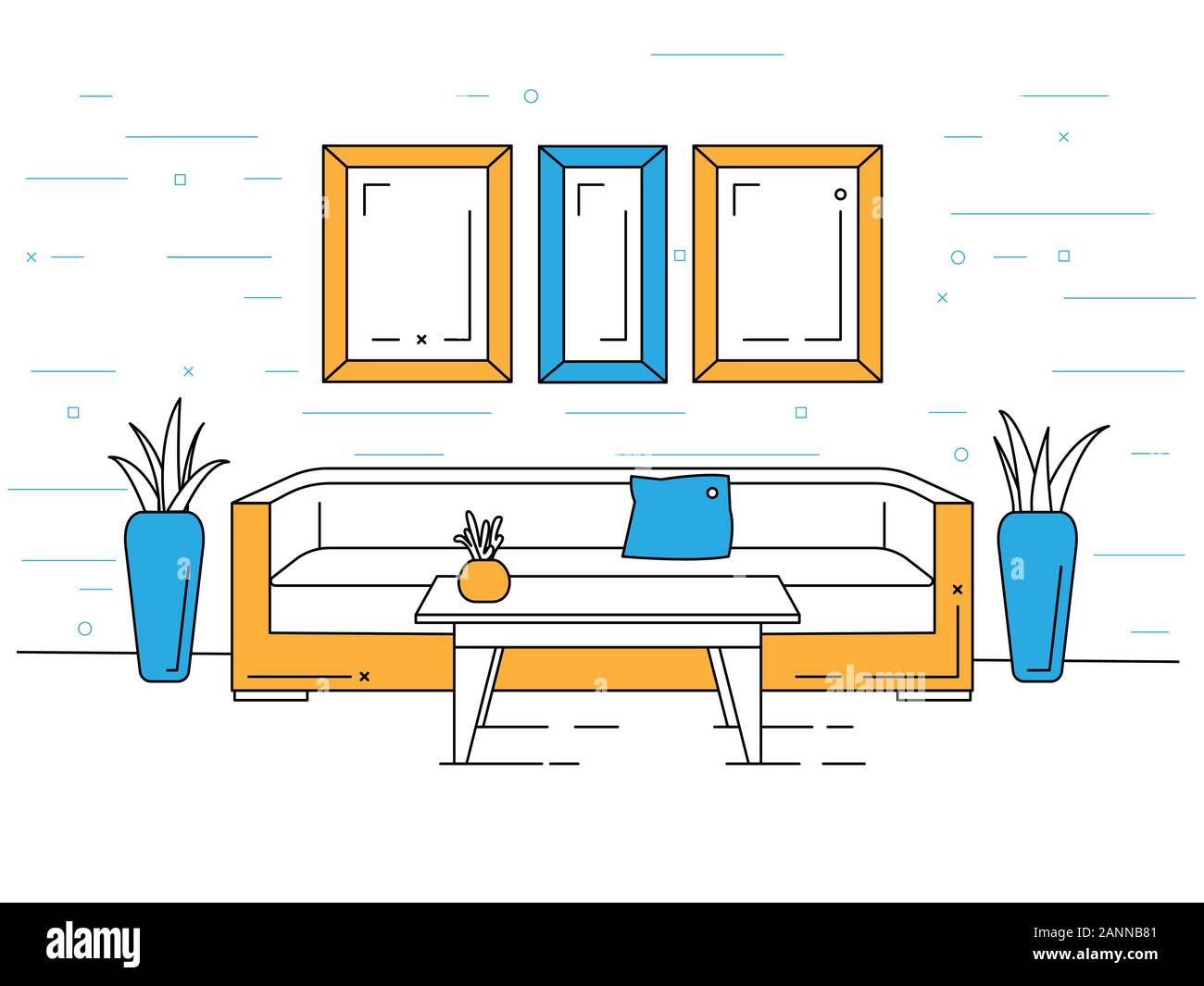 Intérieur linéaire. Canapé, table, plantes. Vector illustration dans un style linéaire. Illustration de Vecteur