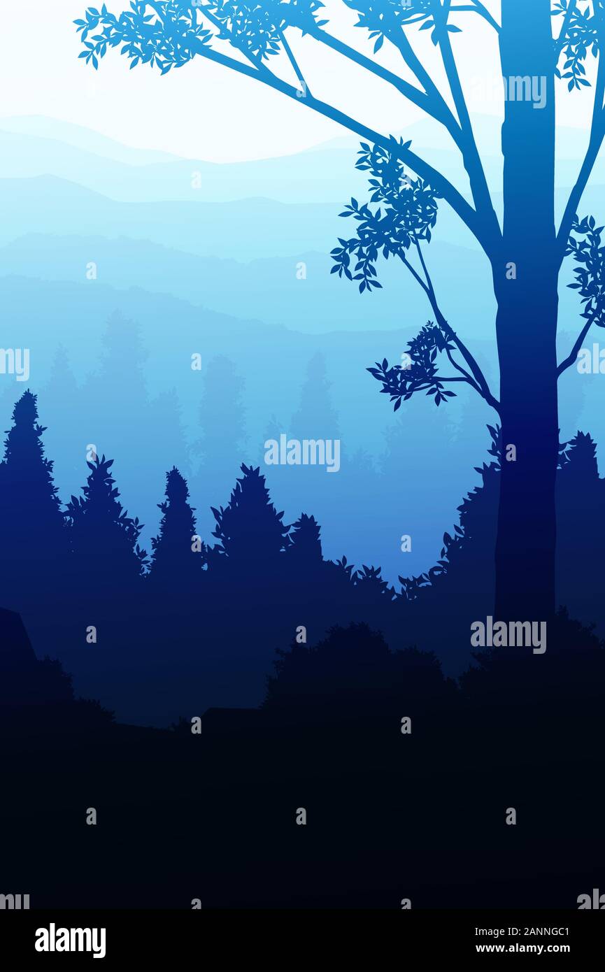 Les arbres des forêts naturelles montagnes collines de l'horizon des silhouettes d'arbres soir Lever et coucher de soleil Paysage de papier peint fond style vector Illustration Illustration de Vecteur