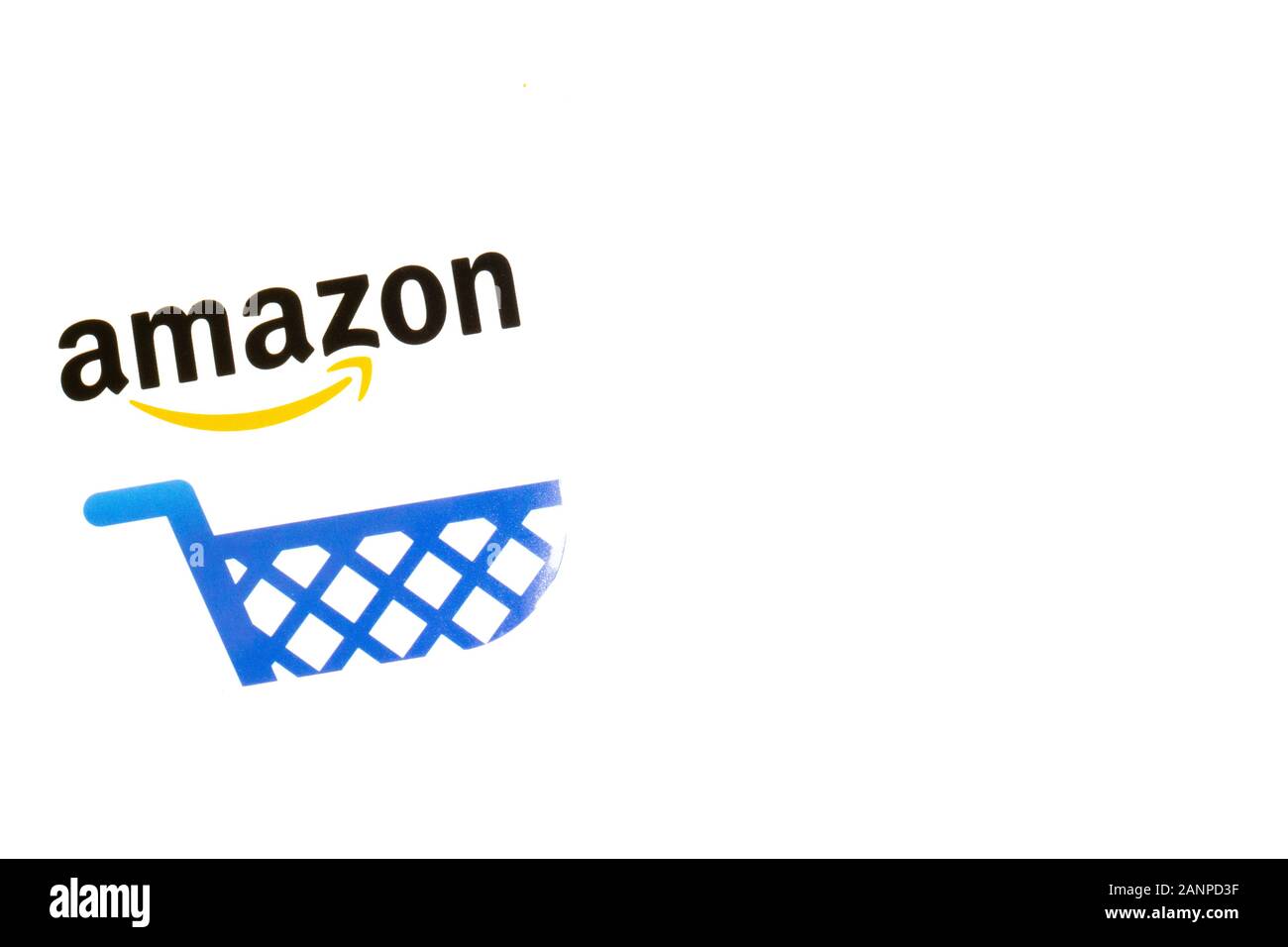 Los Angeles, Californie, États-Unis - 17 janvier 2020: Logo Amazon sur fond blanc avec espace de copie, éditorial illustratif Banque D'Images