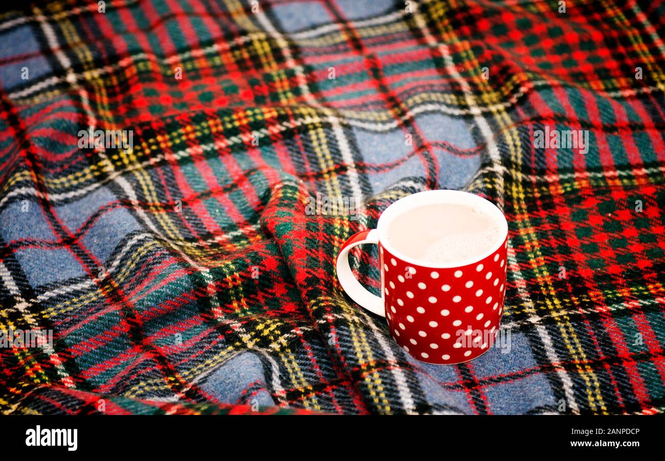 Tasse en pointillés rouges avec du chocolat chaud sur une couverture écossaise. Accueil concept confortable avec porcelaine rouge mug. Une tasse de chocolat chaud de fête. Savoirs traditionnels Banque D'Images