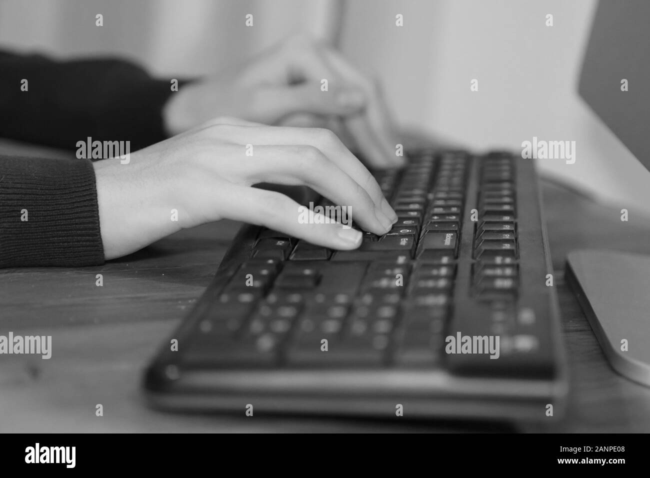 Image en noir et blanc d'une entreprise de travail mains et typing on laptop keyboard in office Banque D'Images