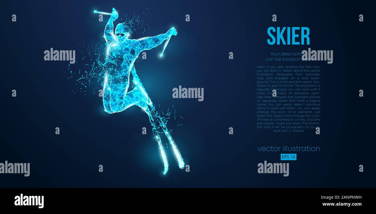 Abstract silhouette d'un portrait à partir de particules sur le fond bleu poly faible contour fil néon ski vecteur géométrique Illustration de Vecteur
