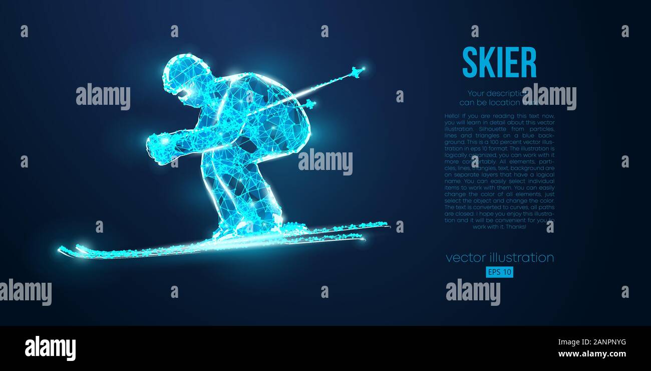 Abstract silhouette d'un portrait à partir de particules sur le fond bleu poly faible contour fil néon ski vecteur géométrique Illustration de Vecteur