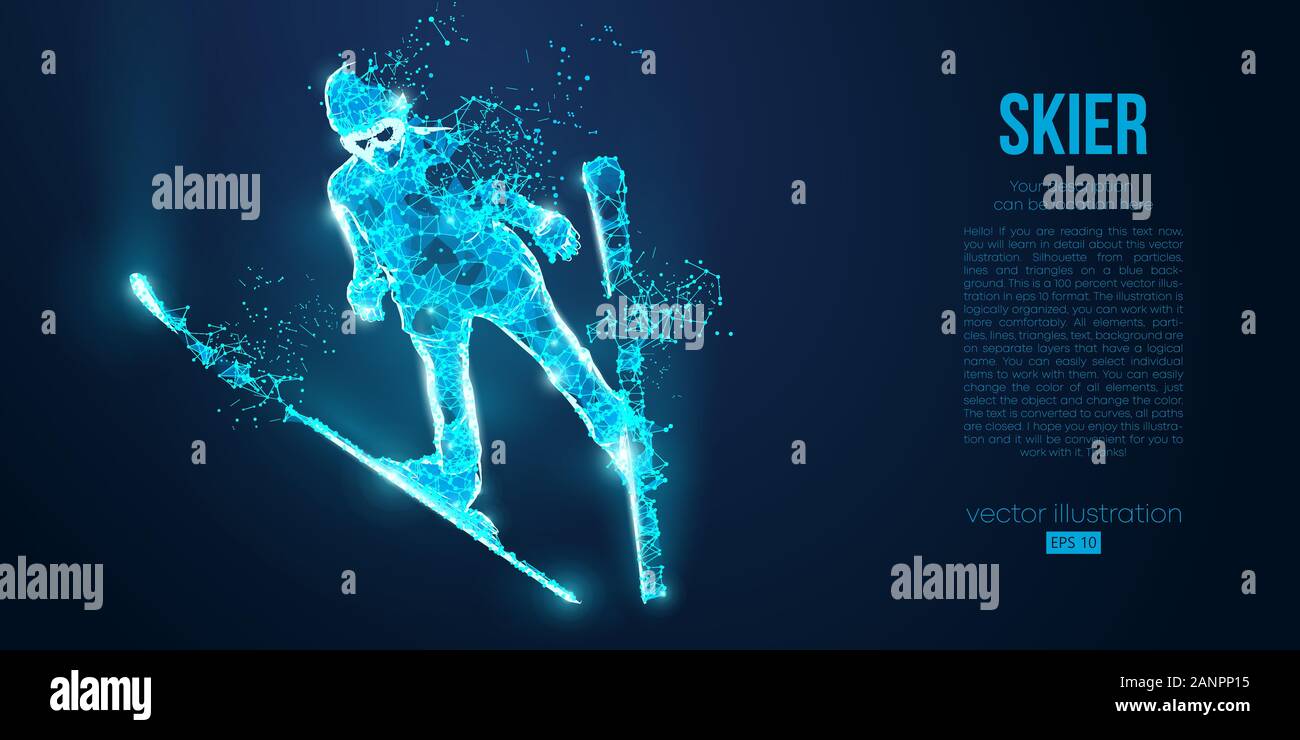 Abstract silhouette d'un portrait à partir de particules sur le fond bleu poly faible contour fil néon ski vecteur géométrique Illustration de Vecteur
