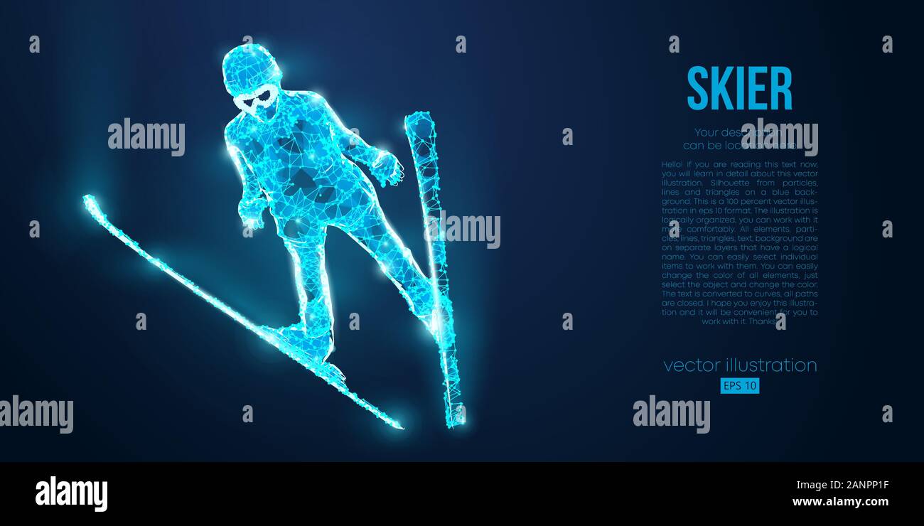 Abstract silhouette d'un portrait à partir de particules sur le fond bleu poly faible contour fil néon ski vecteur géométrique Illustration de Vecteur