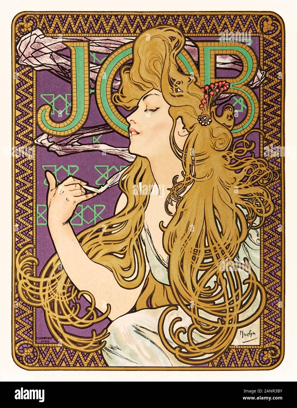Papiers à cigarettes job advertisement poster par Alphonse Mucha (1860-1939), graphiste et artiste tchèque. Cette affiche a été conçue en 1896 pour Joseph Bardou Company dans le style art nouveau, cette violette et verte colorway a été produit en 1900. Banque D'Images