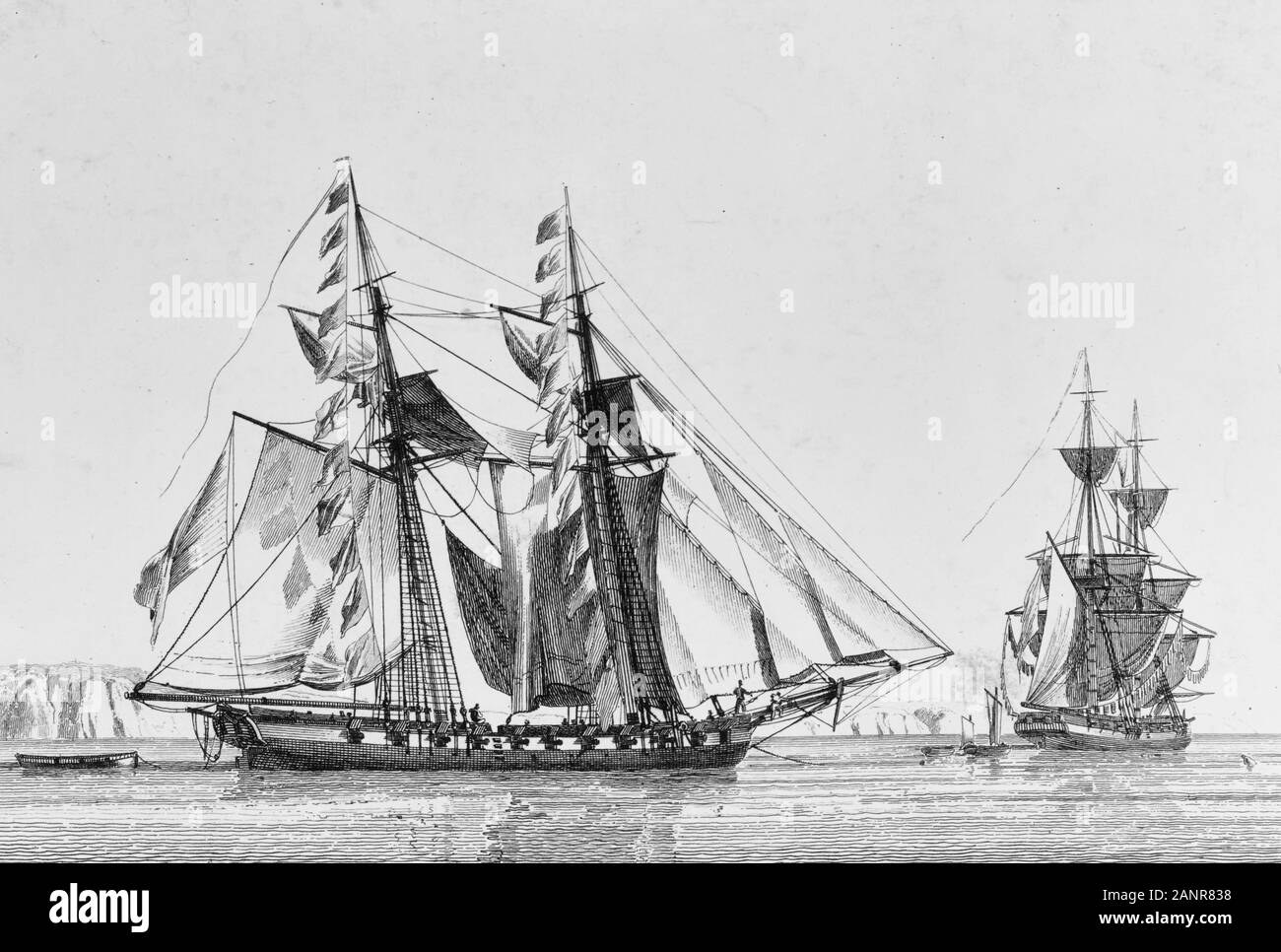 Goélette nous Enterprise, 1799-1823 USS Enterprise, une goélette américaine avec des drapeaux et des voiles pour sécher. Circa 1806 Banque D'Images