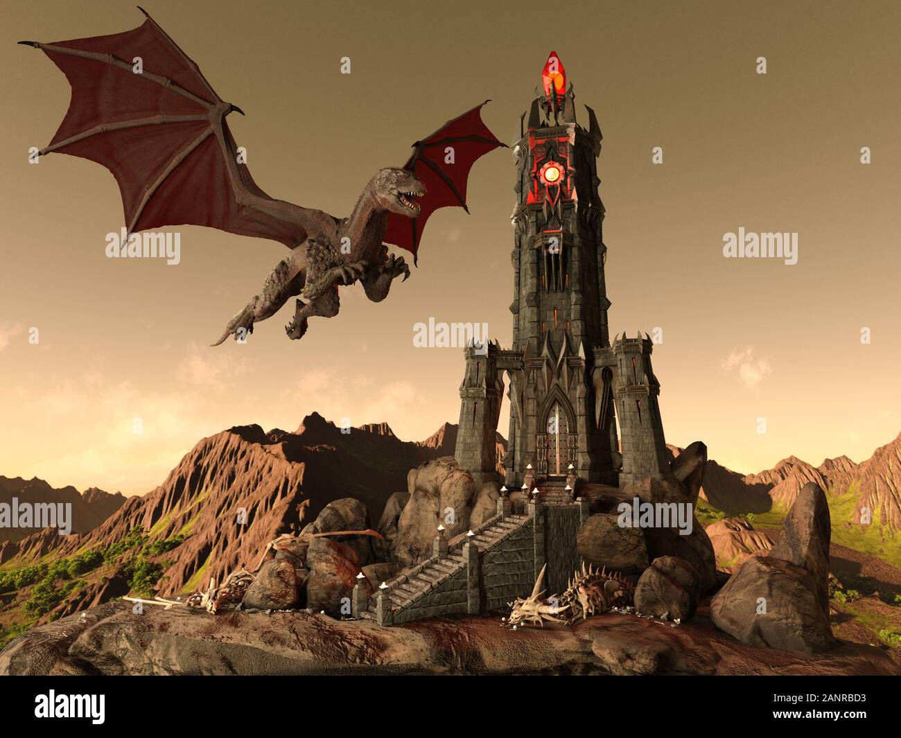 Illustration 3D de Fantasy Dragon et Dark Tower Banque D'Images