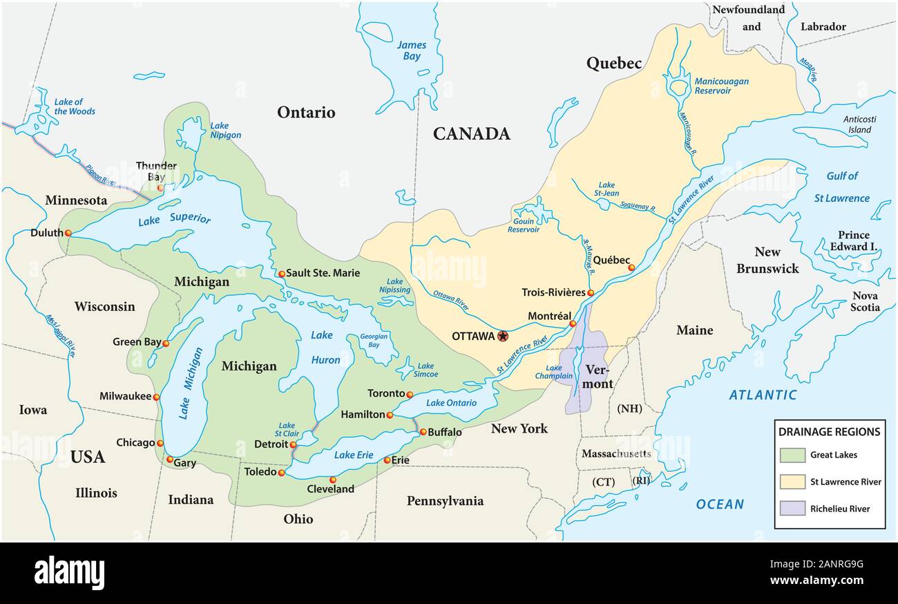 La carte des grands lacs et le fleuve saint-laurent aregions drainage Illustration de Vecteur