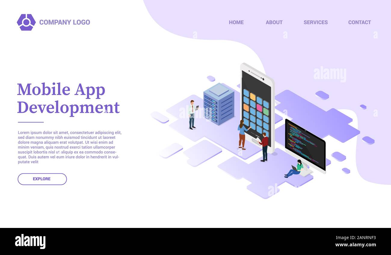 Avec le développement d'applications smartphone mobile website template ou landing page avec style isométrique - vector Banque D'Images