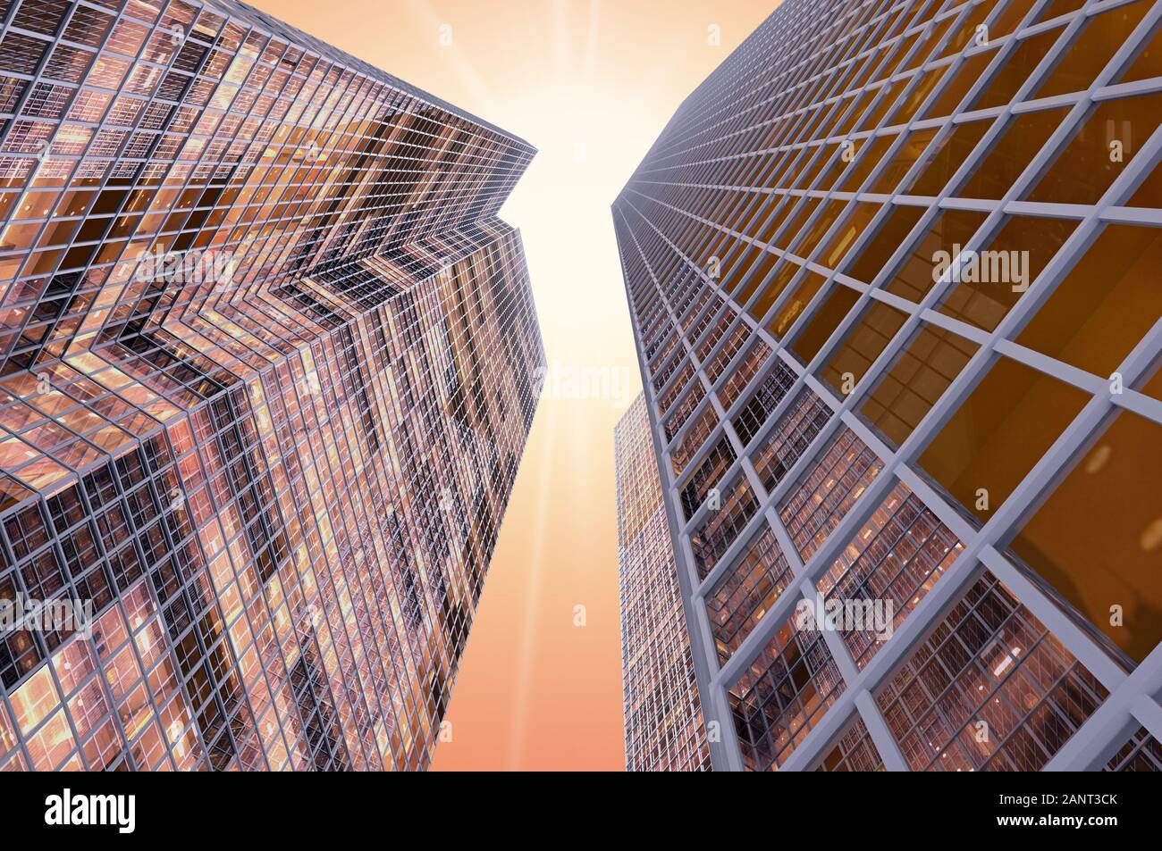 Deux gratte-ciel en teinte marron Vue de dessous. Le rendu 3D Banque D'Images