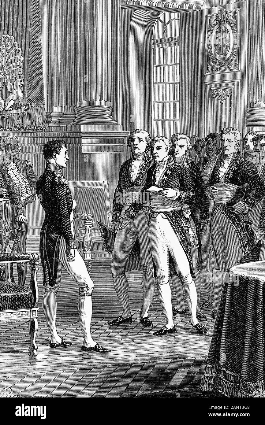 Louis de Fontanes féliciter Napoléon à l'occasion de l'termiination du code civil. Illustration d'antiquités. 1890. Banque D'Images