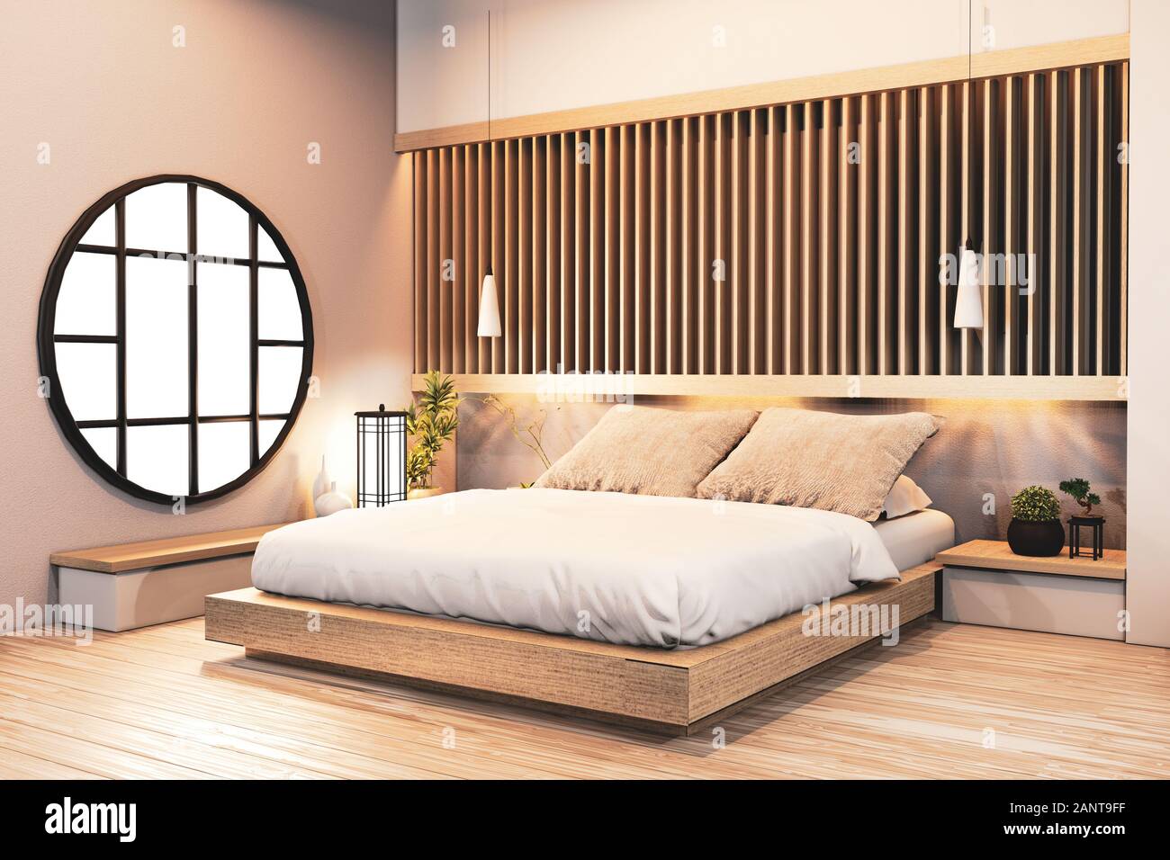 Conception de chambre à coucher en bois japonais avec charpente et mur  lumière hiden design.le rendu 3D Photo Stock - Alamy