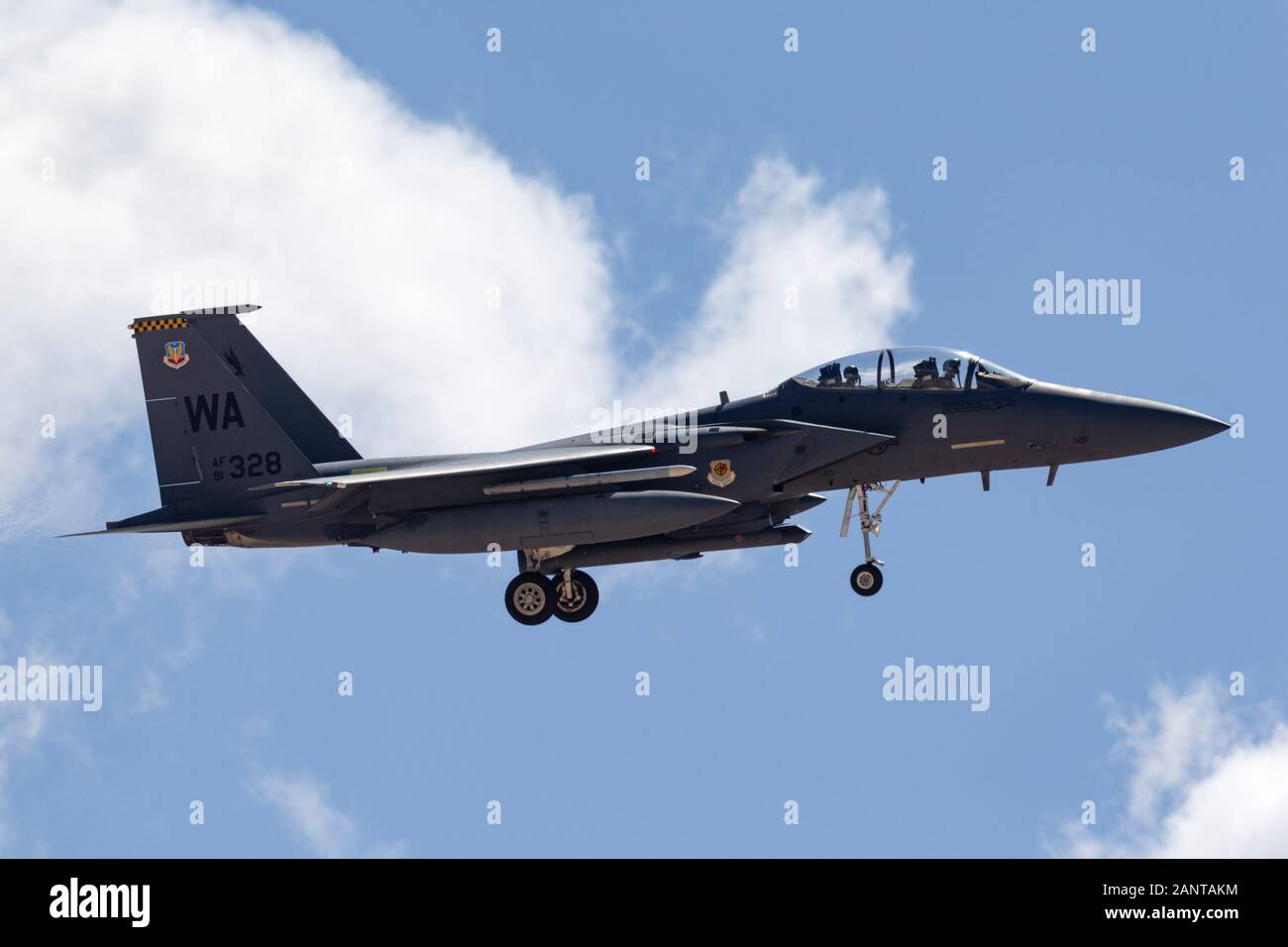 United States Air Force (USAF) McDonnell Douglas F-15E Strike Eagle (91-0328) à partir de la 57e escadres basées à Nellis Air Force Base. Banque D'Images
