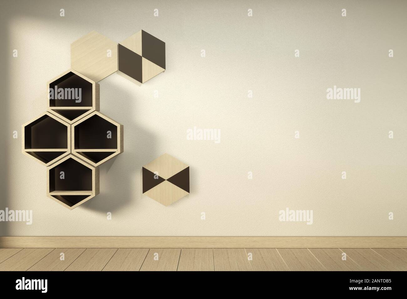 Étagère en bois hexagonal design japonais sur le mur.le rendu 3D Banque D'Images