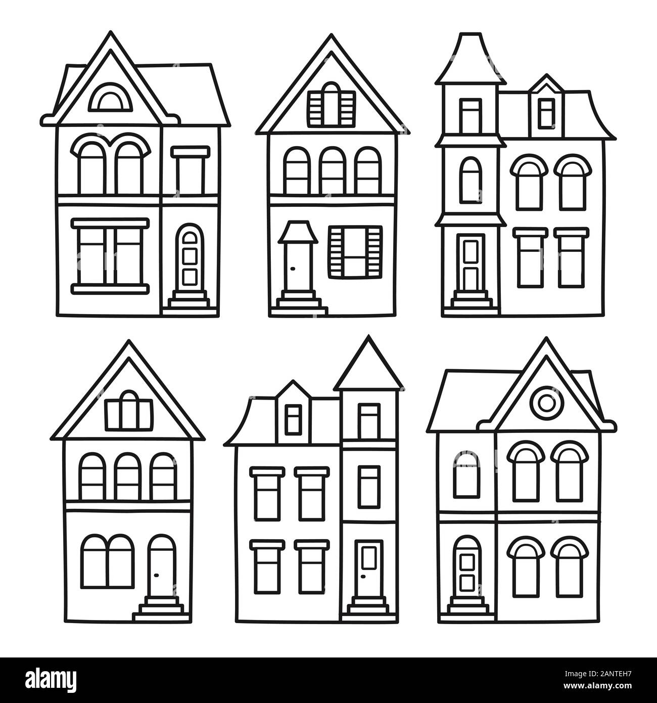 Vieilles maisons de style victorien, vector illustration set. Architecture dessin contour dessiné à la main pour des pages à colorier. Illustration de Vecteur