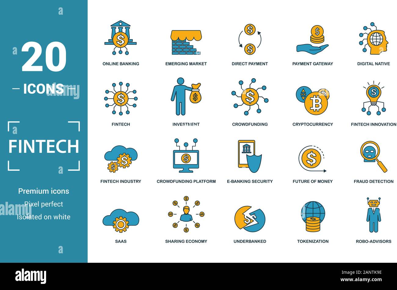 Fintech icon set. Éléments de création : services bancaires en ligne, paiement direct, fintech, cryptocurrency, fintech icônes de l'industrie. Peut être utilisé pour rapport Illustration de Vecteur