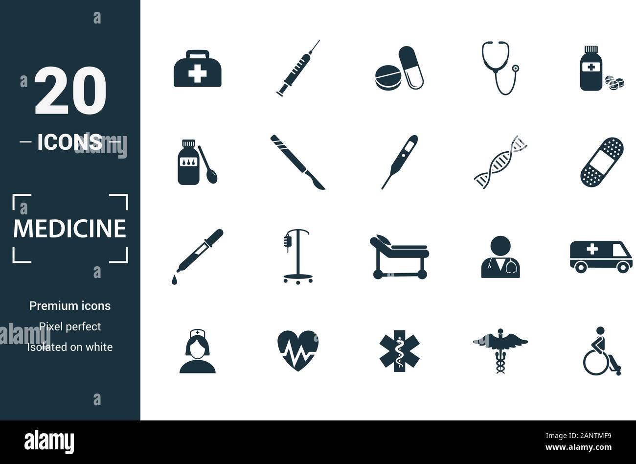 Médicament icon set. Inclure des éléments créatifs sac médical, pilules, mélange, ADN, icônes pipette. Peut être utilisé pour rapport, présentation, dessin, web Illustration de Vecteur