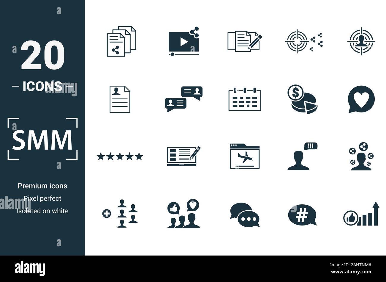 Smm icon set. Inclure des éléments de création, rédaction de contenu, l'information de l'utilisateur, la planification budgétaire, des hauts et des icônes de classification. Peut être utilisé pour rapport Illustration de Vecteur