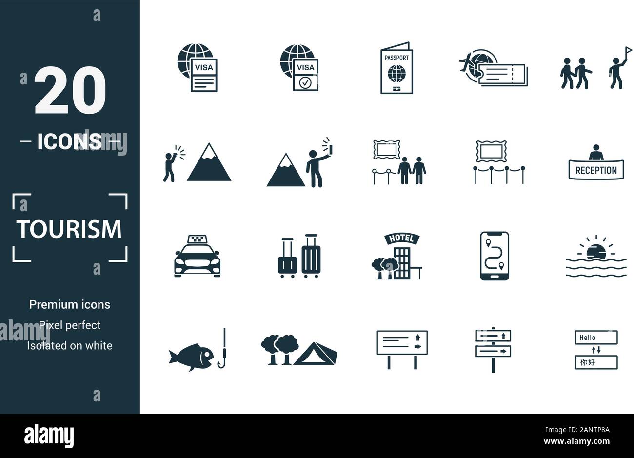 Tourisme icon set. Éléments de création : visa, passeport international, la photographie, l'exposition, les icônes de taxi. Peut être utilisé pour rapport, présentation Illustration de Vecteur