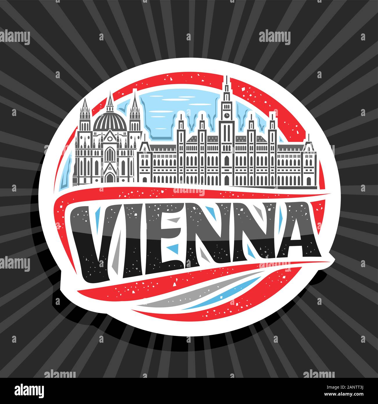 Logo Vector pour Vienne, blanc autocollant rond à l'illustration du célèbre hôtel de ville de Vienne et Maria vom siège l'église le jour sky background Illustration de Vecteur