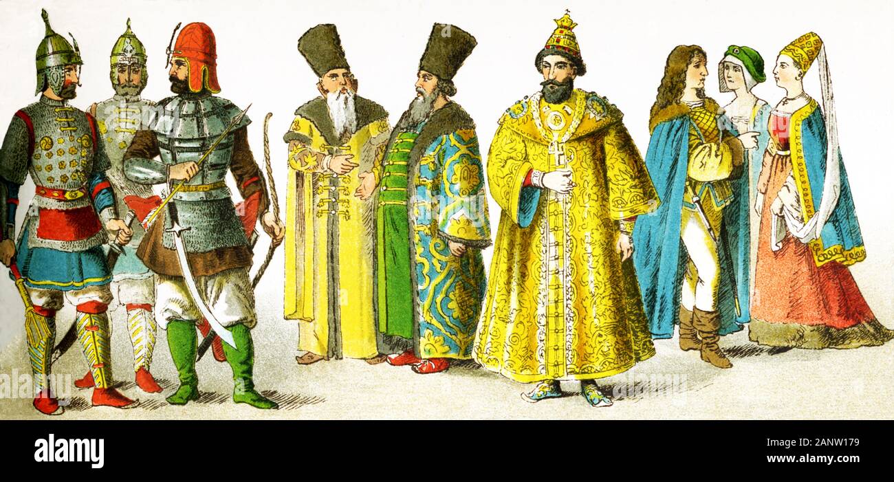 Les chiffres représentent le peuple slave en l'an 1400. Ils sont, de gauche à droite : trois guerriers russes, deux nobles russes, un tsar russe, trois Hongrois de grade. L'illustration dates à 1882. Banque D'Images