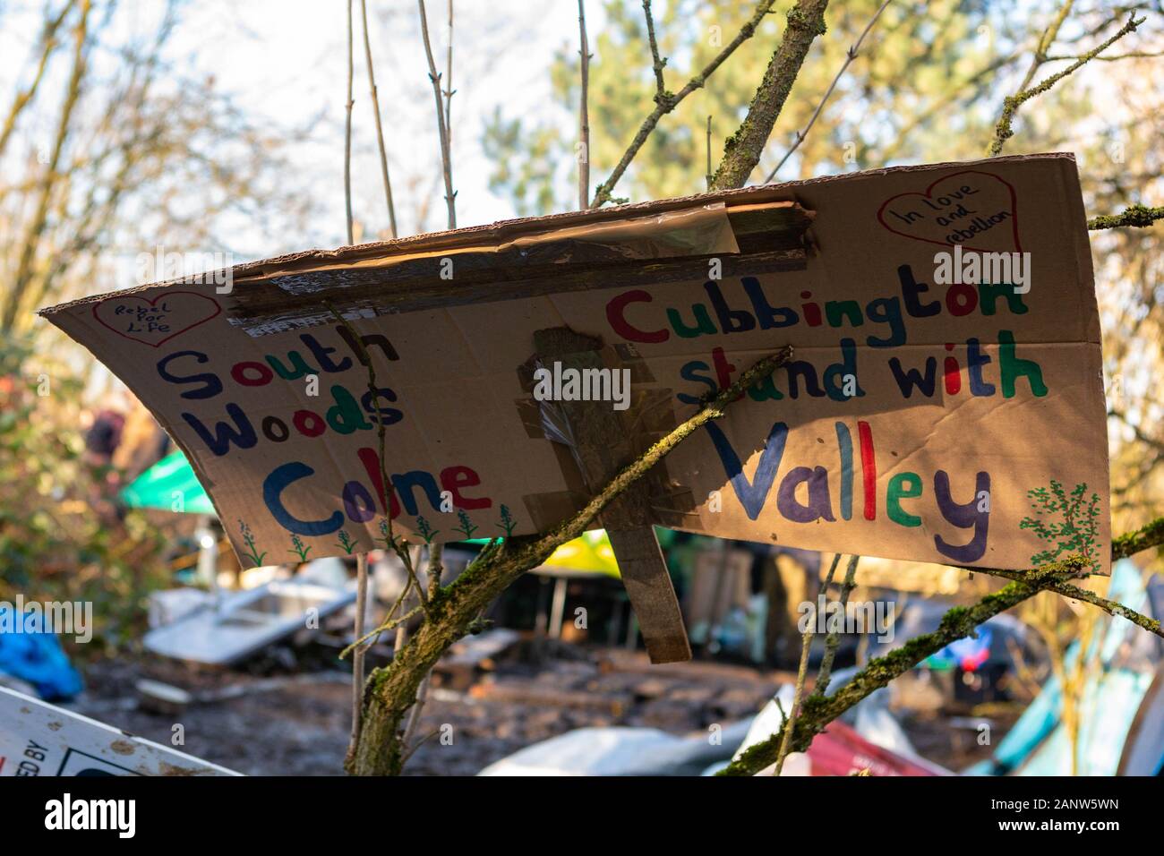 Au Harefield, UK. 19 Jan, 2020. Les conservationnistes, les manifestants et les environnementalistes défient l'injonction de la Haute Cour et rester sur le site pour tenter d'arrêter le HS2 et la perte de forêts anciennes. Penelope Barritt/Alamy Live News Banque D'Images