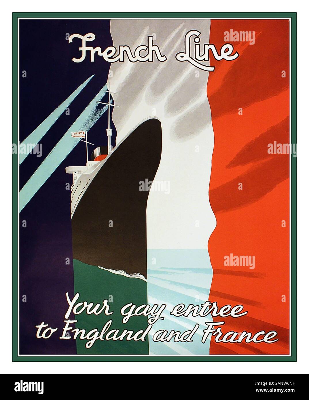 Vintage Cruise Line 1950 French Line Travel affiche « Votre Entrée gay en Angleterre et en France » par l'artiste Paul Colin Banque D'Images