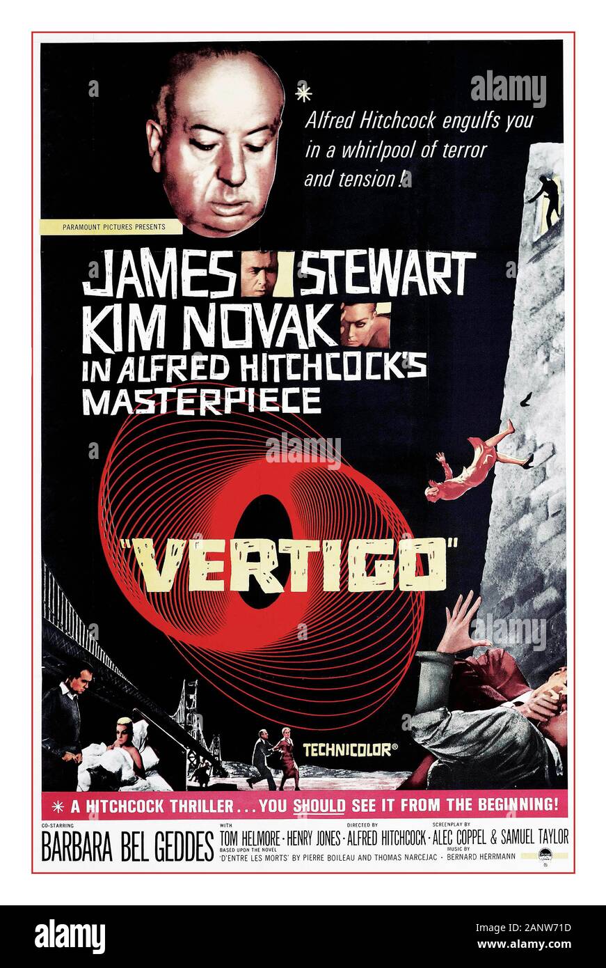 Vertigo Vintage 1950's Movie Cinema Poster VERTIGO 1958 avec James Stewart Kim Novak Barbara Bel Geddes Dirigé par Alfred Hitchcock Paramount International U.S. Banque D'Images
