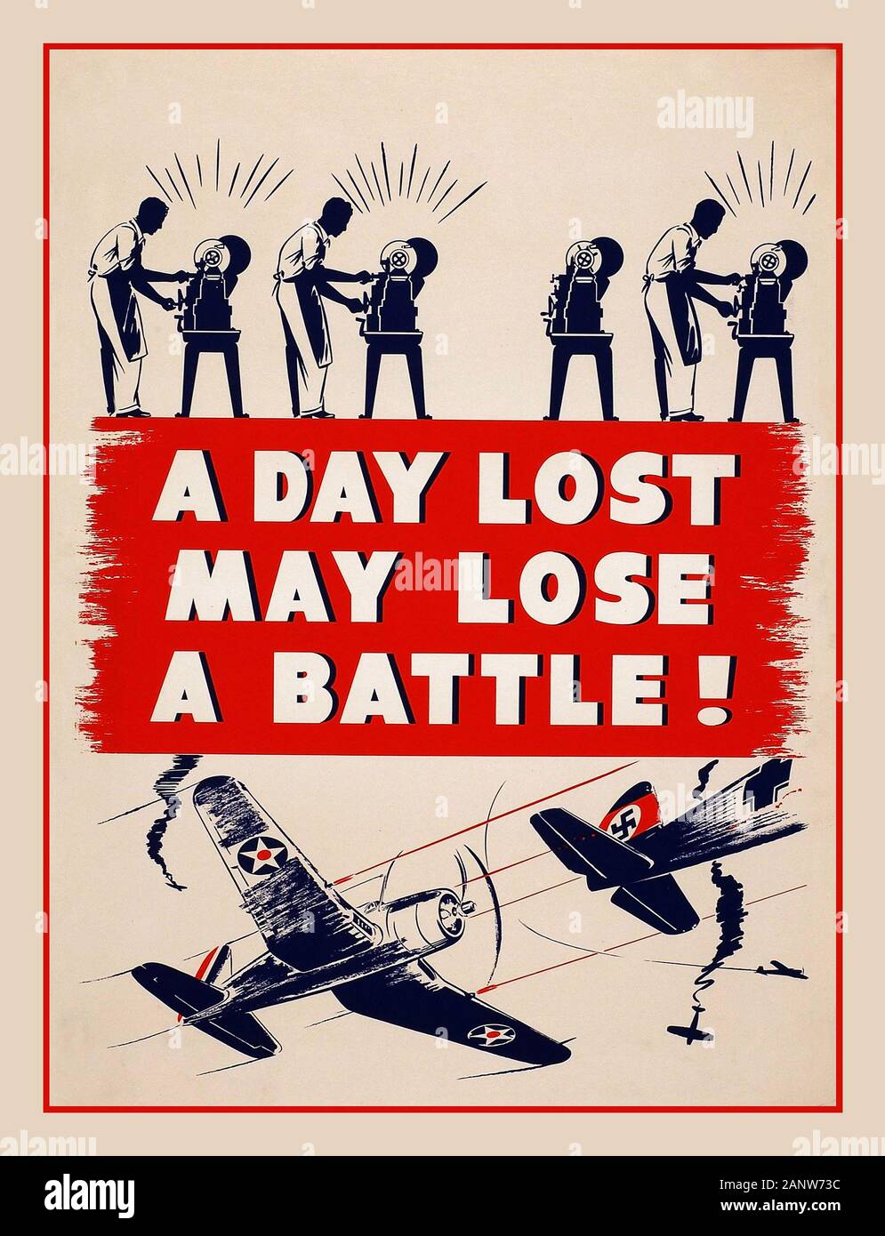 Vintage 1940 la seconde Guerre mondiale American Propaganda travail de guerre production industrielle affiche "UN jour perdu peut perdre une bataille" montrant un travailleur dans un tour et sous un avion de chasse américain qui a tiré sur un avion de chasse nazi Luftwaffe avec nageoire à queue de swastika Banque D'Images