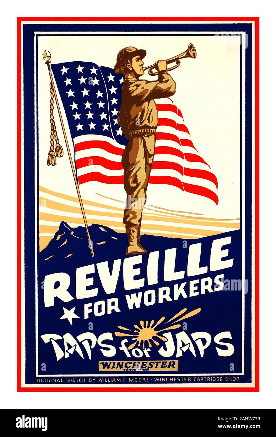 Vintage WW2 affiche de propagande américaine 1942 ' Le réveil des travailleurs à l' 'robinets pour Jap' parrainé par les cartouches de fusil Winchester USA Seconde Guerre mondiale Seconde Guerre mondiale Bugle drapeau Américain Banque D'Images