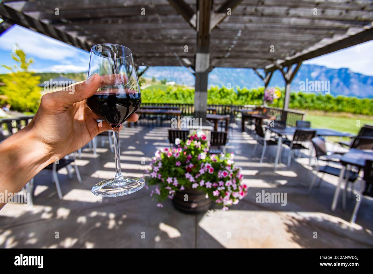 Main tenant un verre de vin rouge focus sélectif contre outdoor patio de dégustation de vin, une cave sur l'Okanagan Vineyards, British Columbia, Canada Banque D'Images