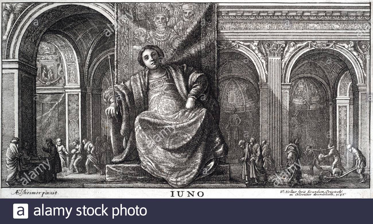 Juno était une ancienne déesse romaine, le protecteur et conseiller spécial de l'état. Une fille de Saturne, elle est l'épouse de Jupiter et de la mère de Mars, Vulcain, Bellona et Juventas, son animal sacré est le paon. Gravure par Wenceslaus Hollar aquafortiste bohème à partir de 1600 Banque D'Images