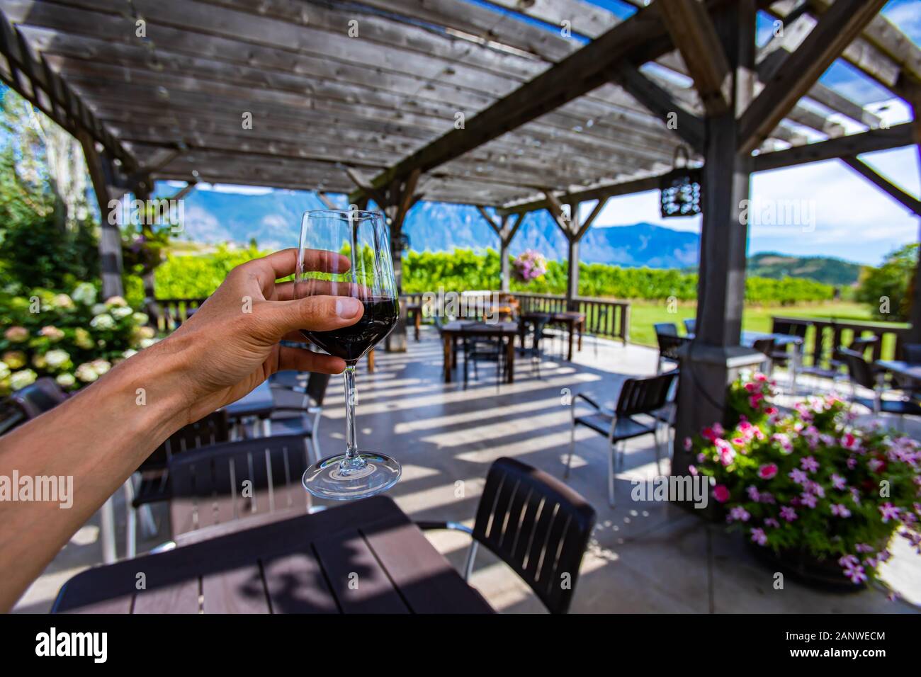 Main tenant un verre de vin rouge sur une mise au point sélective contre outdoor patio de dégustation de vin, la cave terrasse tables et chaises, de l'Okanagan Banque D'Images