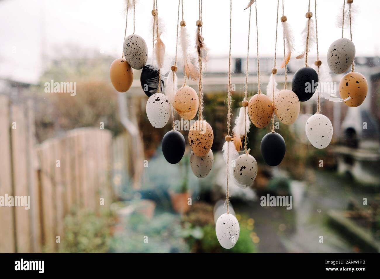 Composition suspendue Dream Catcher des oeufs de cailles et de plumes Banque D'Images