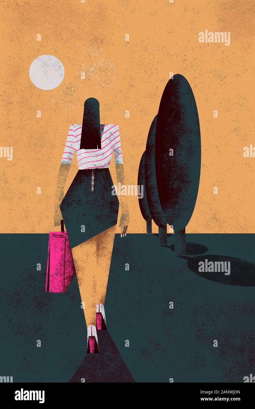 Mystérieuse femme marchant portant une valise rose. Banque D'Images