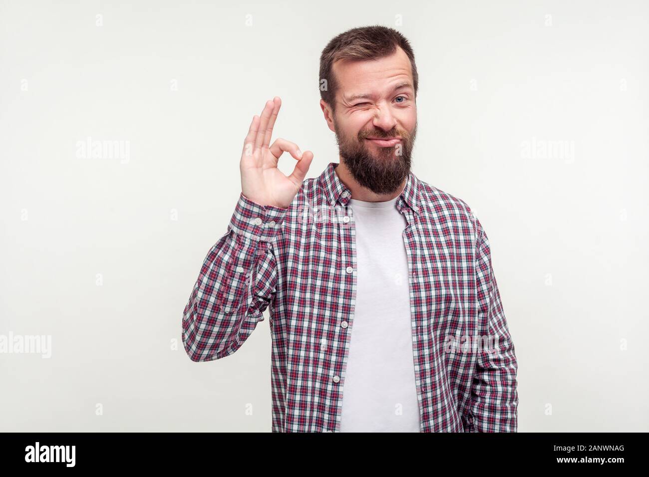 Tout est ok ! Portrait de jeune homme barbu optimiste en chemise à carreaux avec un clin à caméra et montrant très bien le geste, l'approbation de suggestion, complètement Banque D'Images
