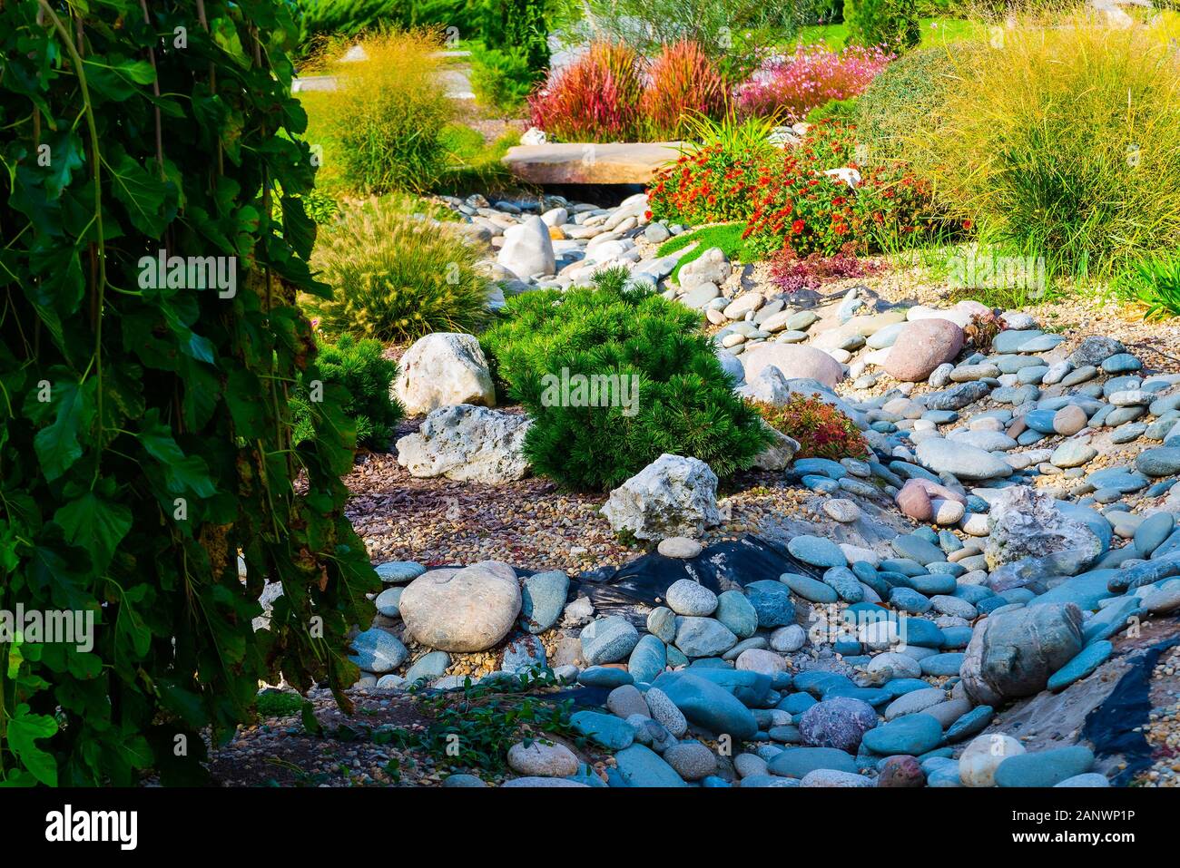 Parterres, voie d'herbe et de plantes ornementales dans un vase de jardin formel. Banque D'Images