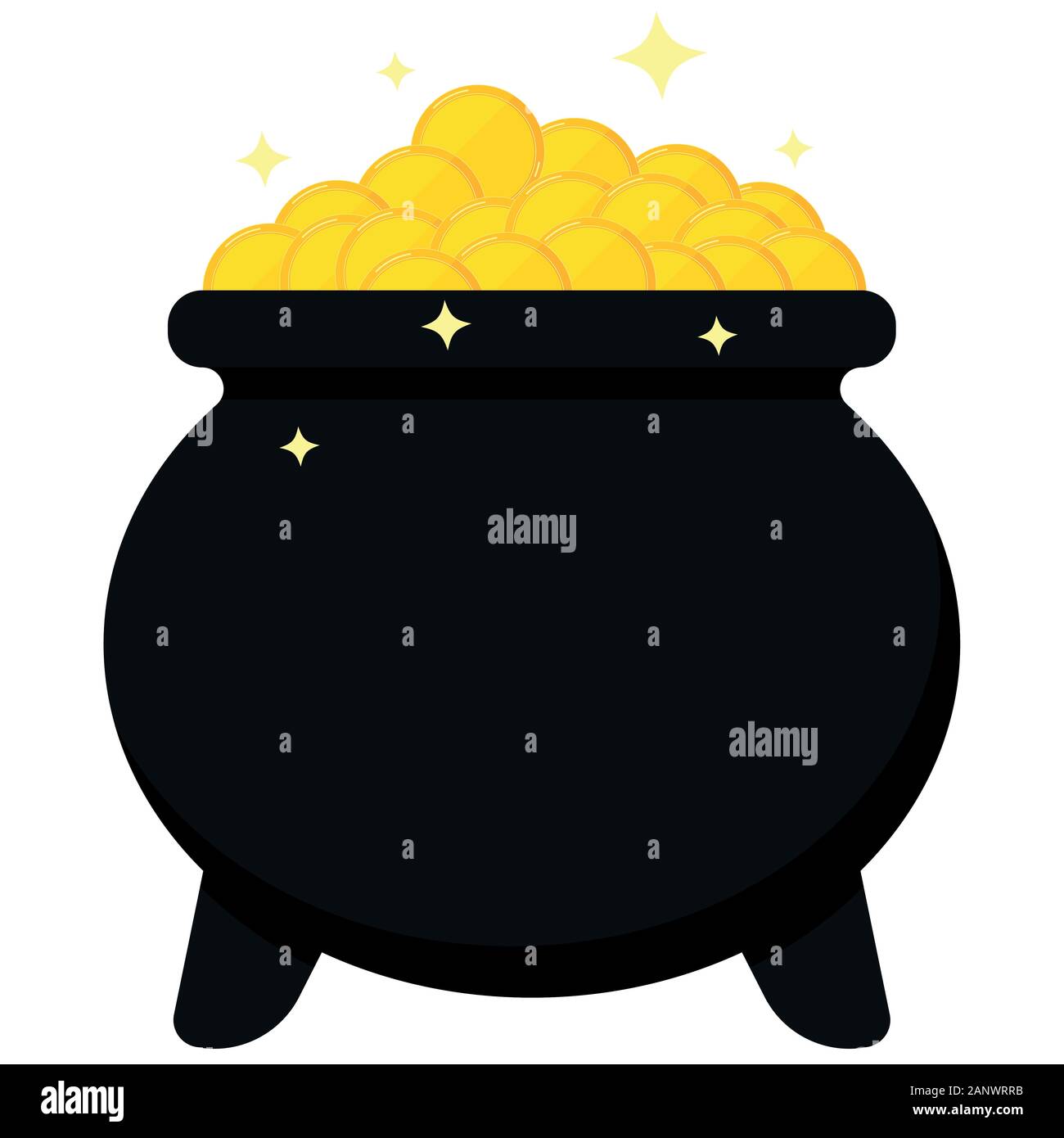 Chaudron noir plein de pièces d'or isolé sur fond blanc. Illustration de Vecteur