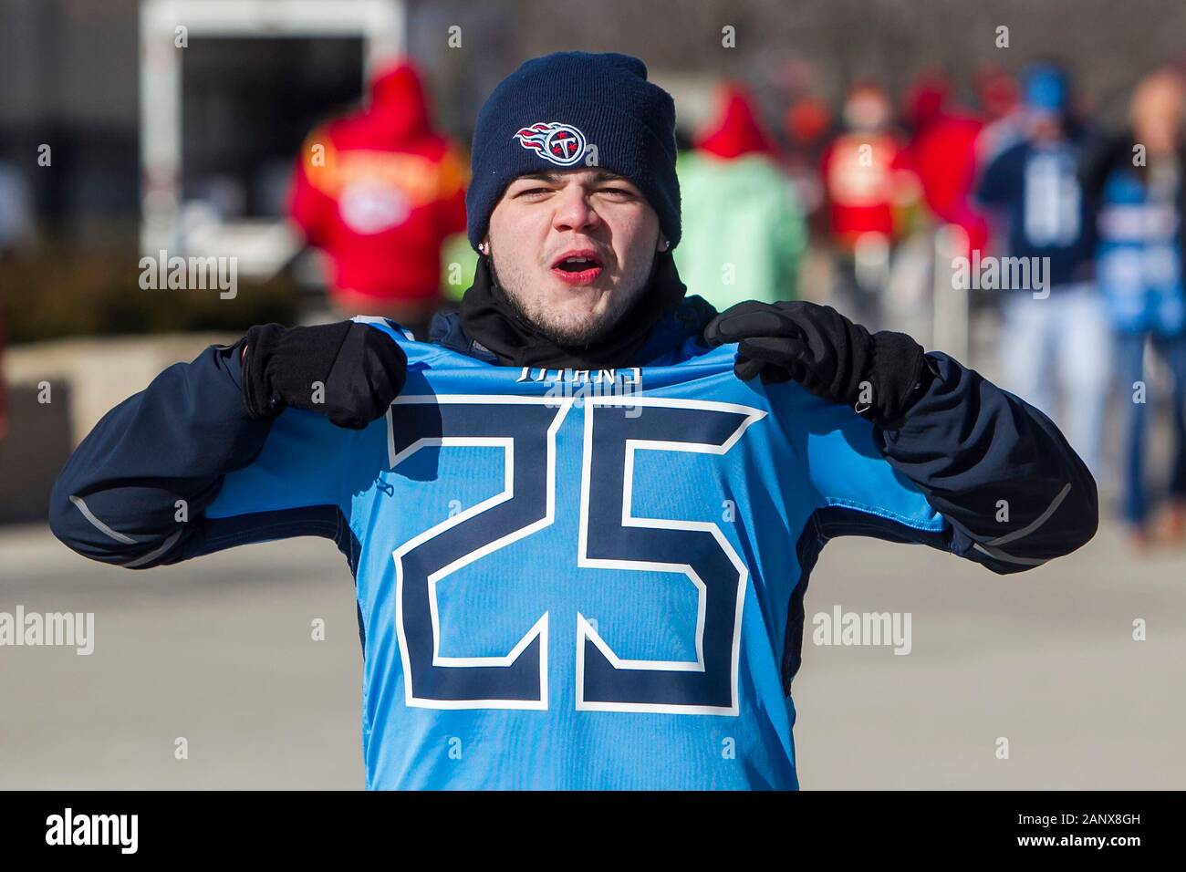 Kansas City, MO, USA. 19 Jan, 2020. Un Titans fans montre sa fierté de l'équipe avant le match de championnat de CFA entre les Tennessee Titans et les Kansas City Chiefs le dimanche 19 janvier 2020 au Arrowhead Stadium de Kansas City, MO. (Photo par Nick Tre. Smith/Icône Sportswire) : Action de Crédit Plus Sport/Alamy Live News Banque D'Images