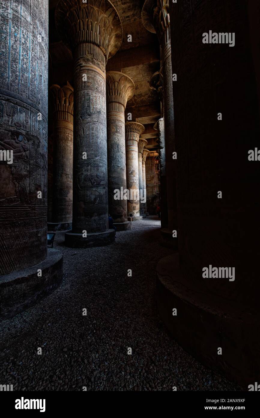 La Grande salle Hypostyle du Temple de Khnum, le toit est soutenu par 18 colonnes immenses avec des capitales florales variées Banque D'Images