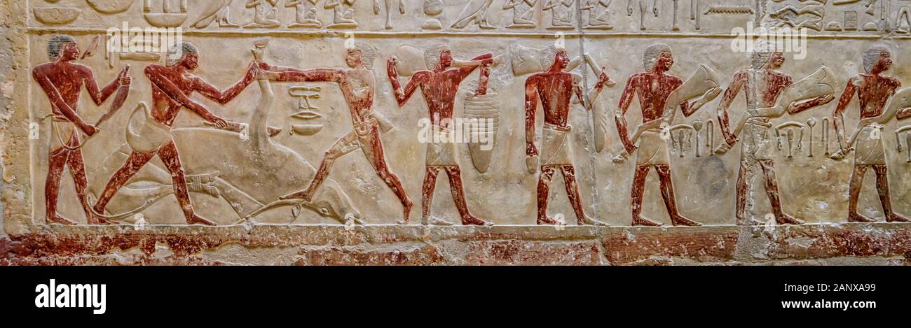 Reliefs sur le mur de la tombe de la princesse Idut, fille du pharaon Ounas de la Ve dynastie Banque D'Images