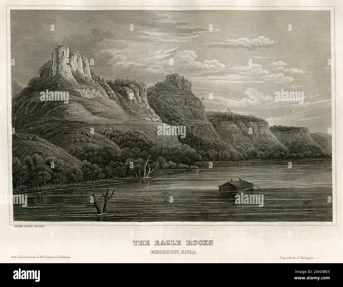 Amerika, jeux, Europa, die Eagle Rocks ( Adlerfelsen ) suis le Mississippi, Motiv aus : ' Meyer's Universum ' . Enthaltend und ein Volksbuch Figure Beschreibung des Sehenswerthesten Merkwürdigten dans Natur und Kunst und . Verlag : Bibliographisches Institut, Suhl, 1859 . / Amérique latine, Amérique du Nord, États-Unis d'Amérique, l'Aigle des rochers près de la rivière Mississippi, à partir de l'image : ' Meyer's Universum ' , maison d'édition : Bibliographisches Institut, Hildburghausen , 1859 . Banque D'Images