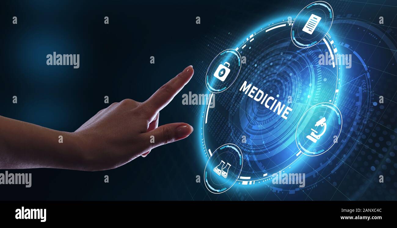 Le commerce, la technologie, Internet et réseau concept. L'homme d'affaires travaillant sur la tablette de l'avenir, sélectionner sur l'écran virtuel : la médecine. Banque D'Images
