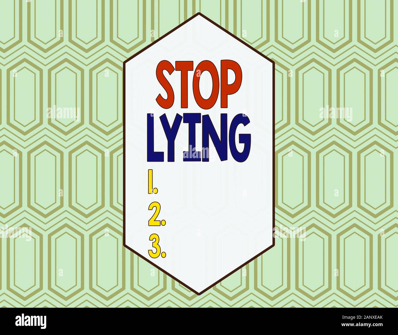 La main conceptuel montrant arrête de mentir. Concept qui signifie mettre un terme au comportement compulsif de chroniques ou d'habitude se trouvant dans l'hexagone sans couture 600x600 Banque D'Images