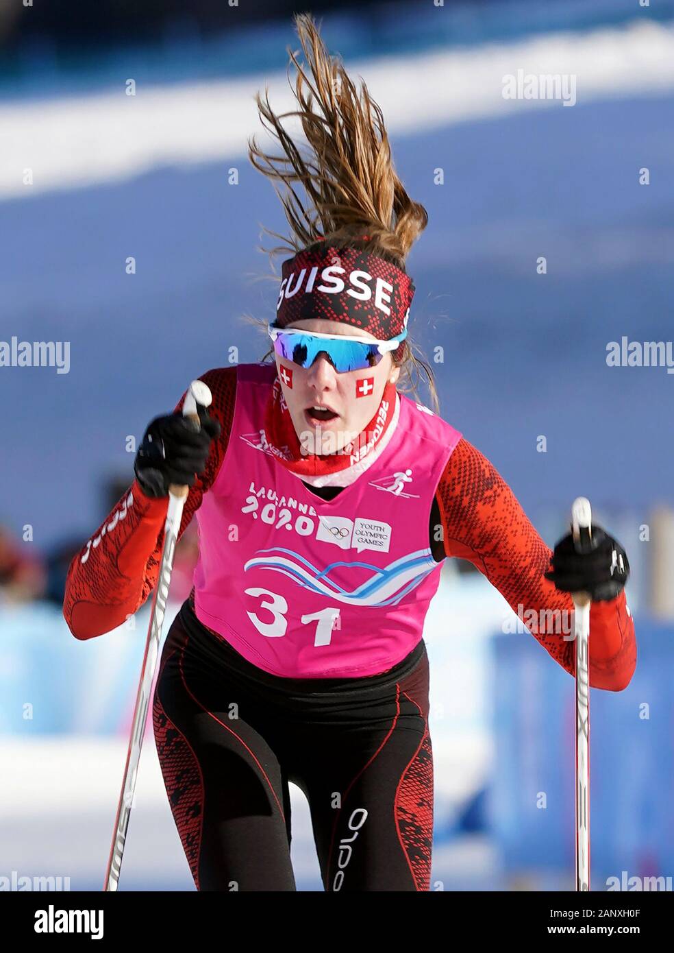 Le Chenit, Vallee de Joux Cross-country Centre. 19 Jan, 2020. Marina Kaelin de Suisse fait concurrence au cours de la qualification des femmes de sprint de ski de fond à la 3e Jeux Olympiques de la jeunesse d'hiver, à Vallee de Joux Cross-country Centre, Suisse, le 19 janvier 2020. Credit : Wang Qingqin/Xinhua/Alamy Live News Banque D'Images