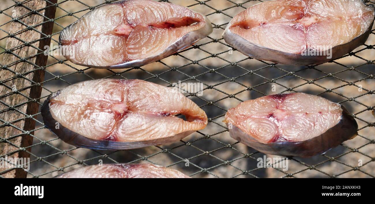 Morceaux de thazard poissons sur le grill, fruits de mer séchés au soleil cru en Thaïlande Banque D'Images